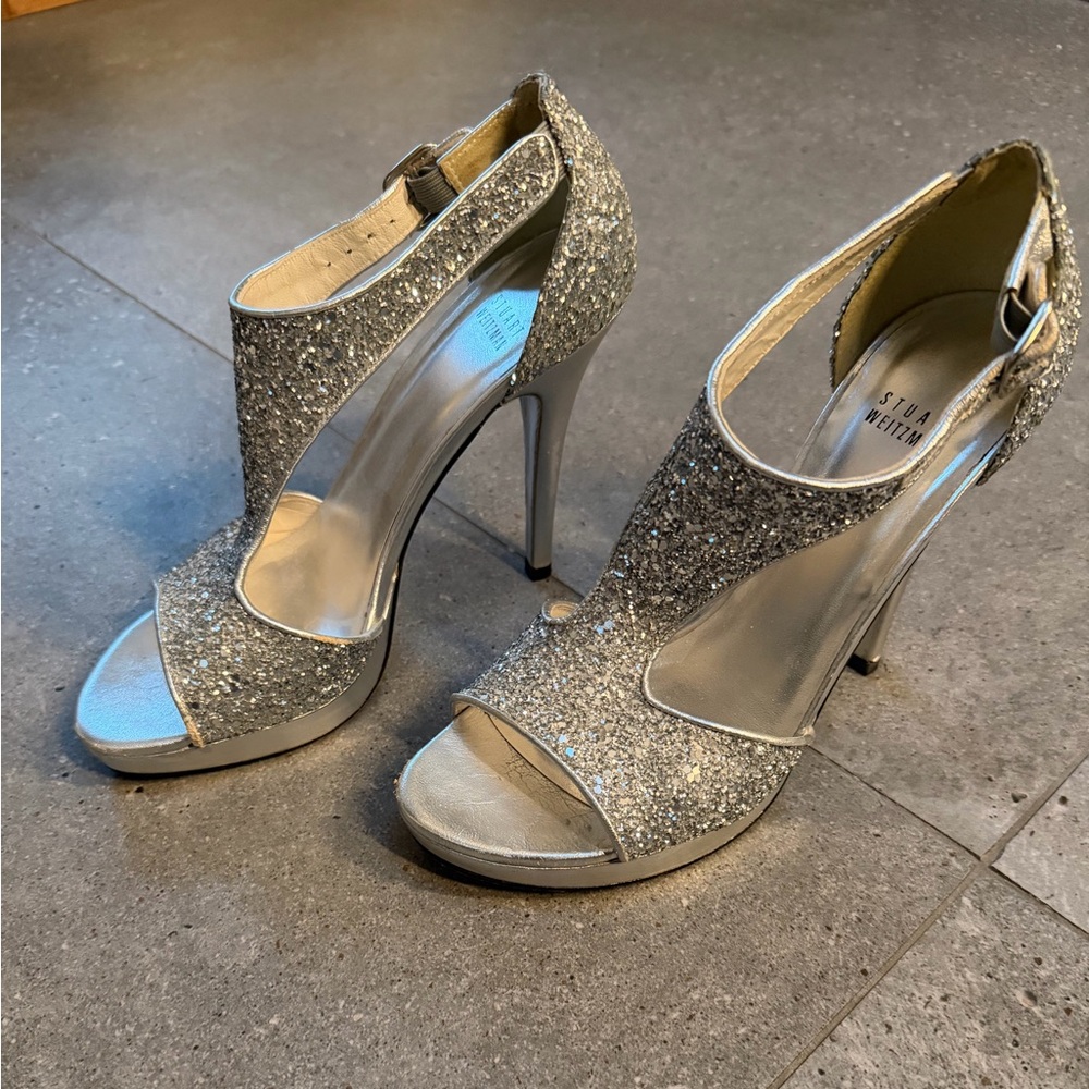 STUART WEITZMAN Silver Glitter "LOVERLY" T-STRAP High Heel Platform Pumps 38